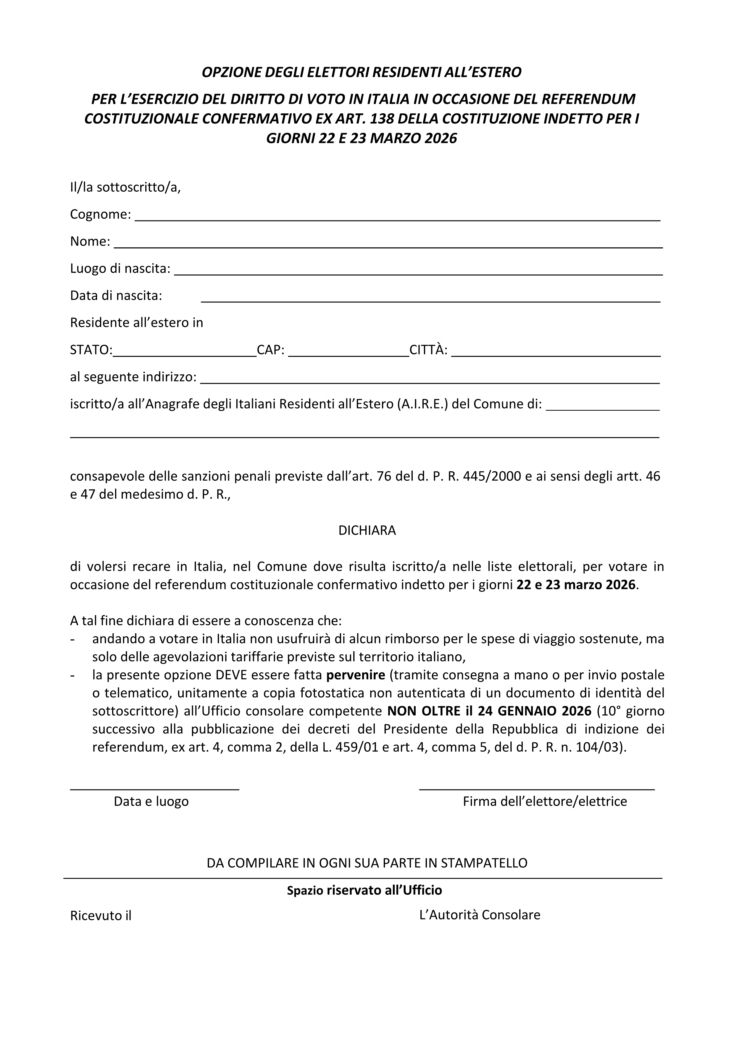 Referendum Popolare  del 22 e 23 marzo 2026